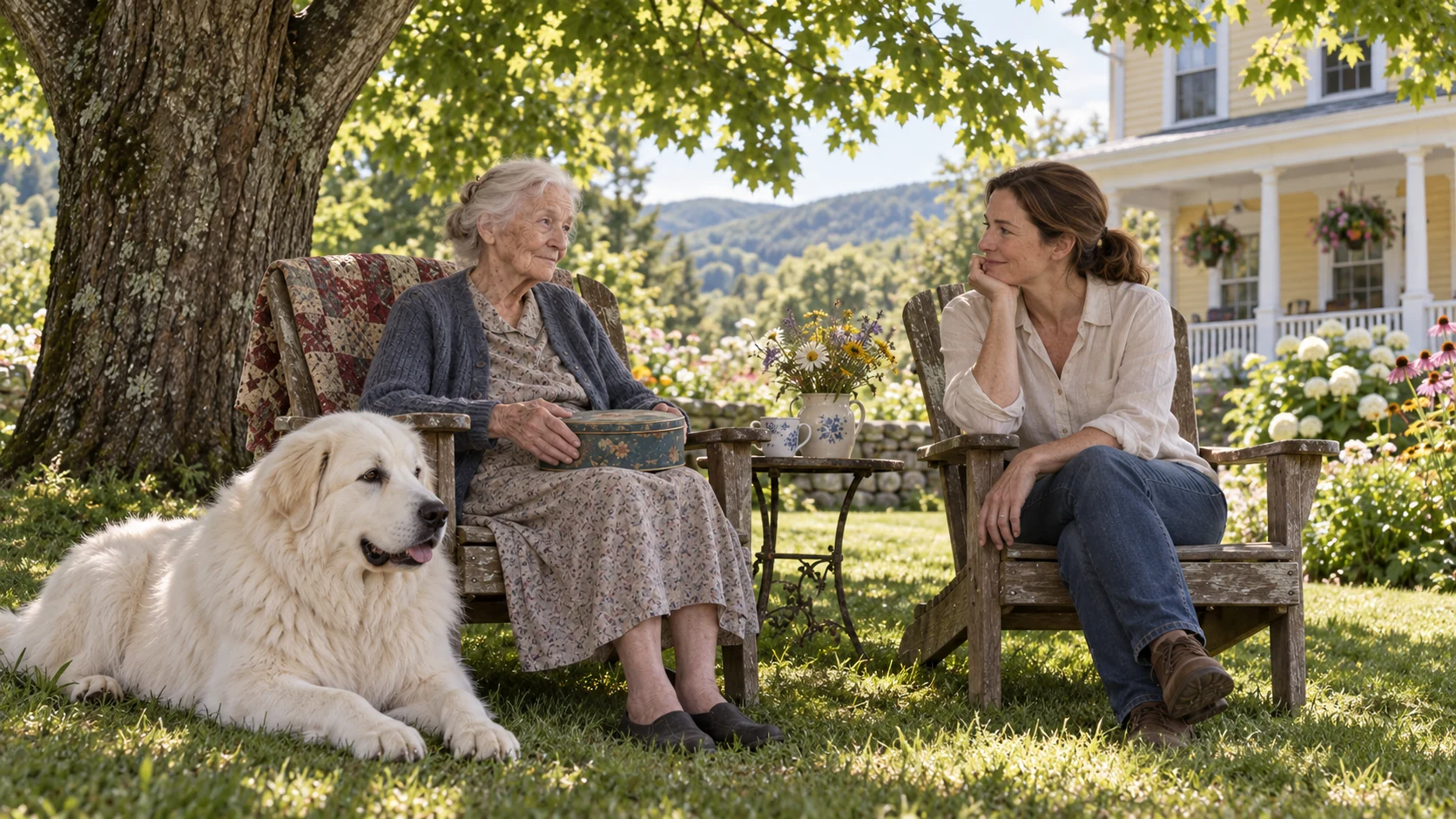Mabel, Nora and Hollis spending a summer afternoon beneath the maple